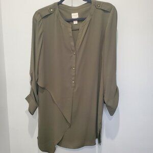 Chico's Asymmetrical Tunic Olive Green Blouse /Top with Epaulets  size 1
